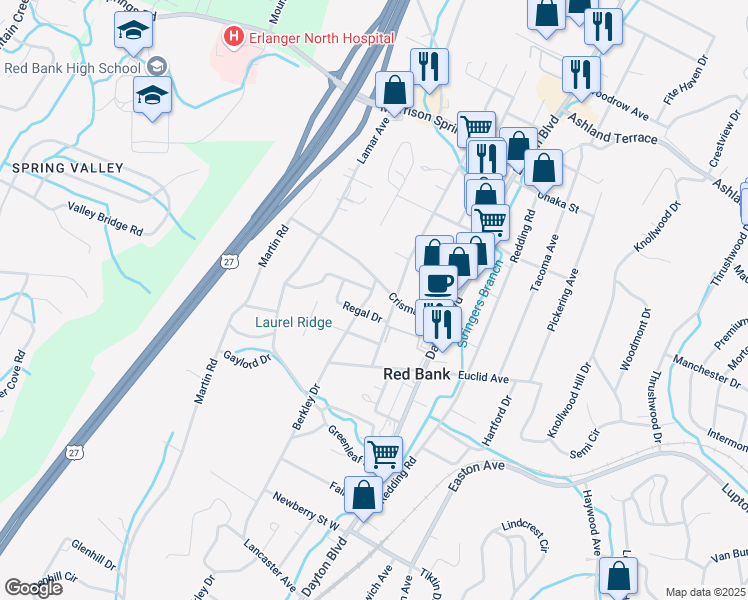 map of restaurants, bars, coffee shops, grocery stores, and more near 3520 Berkley Drive in Chattanooga