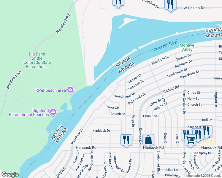 map of restaurants, bars, coffee shops, grocery stores, and more near 441 Riverfront Drive in Bullhead City