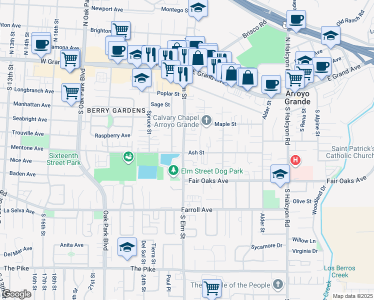 map of restaurants, bars, coffee shops, grocery stores, and more near 1194 South Elm Street in Arroyo Grande