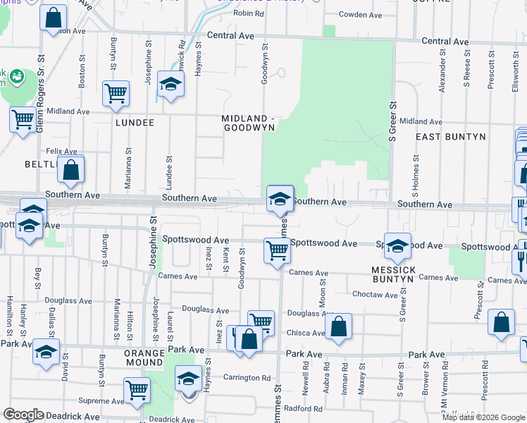map of restaurants, bars, coffee shops, grocery stores, and more near 633 Semmes Street in Memphis