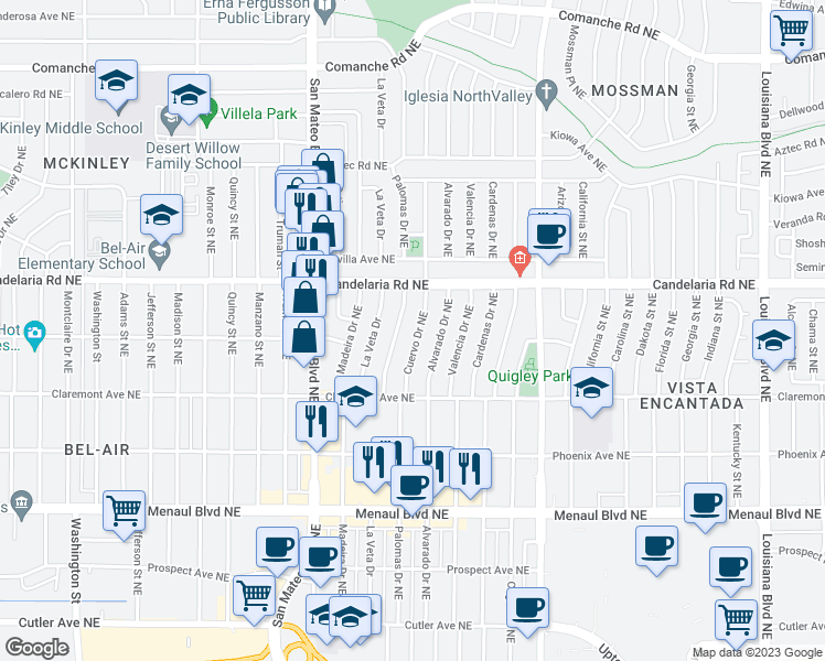 map of restaurants, bars, coffee shops, grocery stores, and more near 2909 Cuervo Drive Northeast in Albuquerque