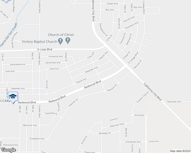 map of restaurants, bars, coffee shops, grocery stores, and more near 10524 Peach Avenue in California City