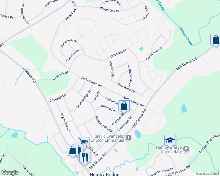 map of restaurants, bars, coffee shops, grocery stores, and more near 8008 Red Lantern Road in Indian Trail