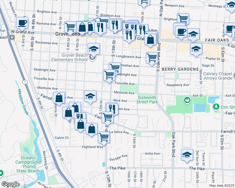 map of restaurants, bars, coffee shops, grocery stores, and more near 1372 Mentone Avenue in Grover Beach