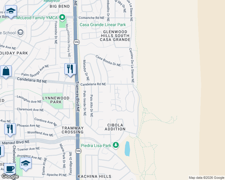 map of restaurants, bars, coffee shops, grocery stores, and more near 2920 Candelita Court Northeast in Albuquerque