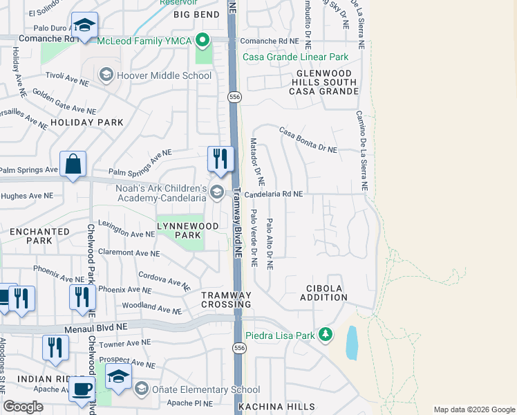 map of restaurants, bars, coffee shops, grocery stores, and more near 2916 Palo Alto Drive Northeast in Albuquerque