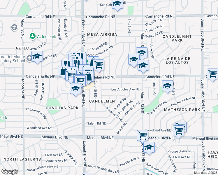 map of restaurants, bars, coffee shops, grocery stores, and more near 10009 Los Arboles Avenue Northeast in Albuquerque