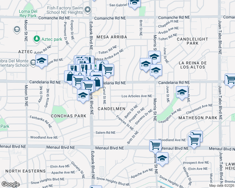 map of restaurants, bars, coffee shops, grocery stores, and more near 10009 Los Arboles Avenue Northeast in Albuquerque