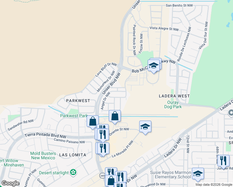 map of restaurants, bars, coffee shops, grocery stores, and more near 7924 Brady Road Northwest in Albuquerque