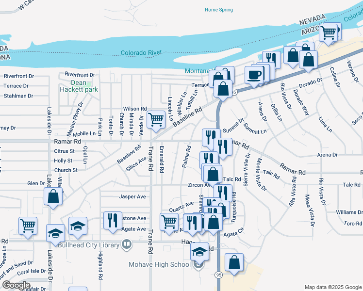 map of restaurants, bars, coffee shops, grocery stores, and more near 1320 Ramar Road in Bullhead City