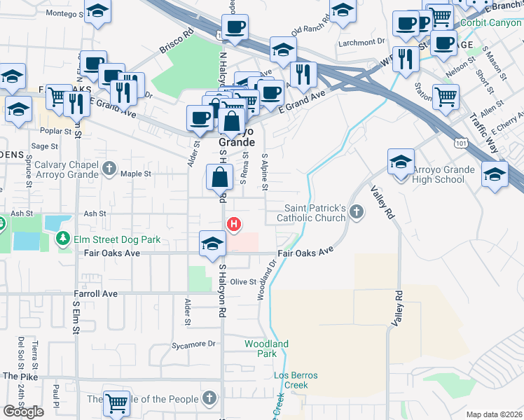 map of restaurants, bars, coffee shops, grocery stores, and more near 226 South Alpine Street in Arroyo Grande