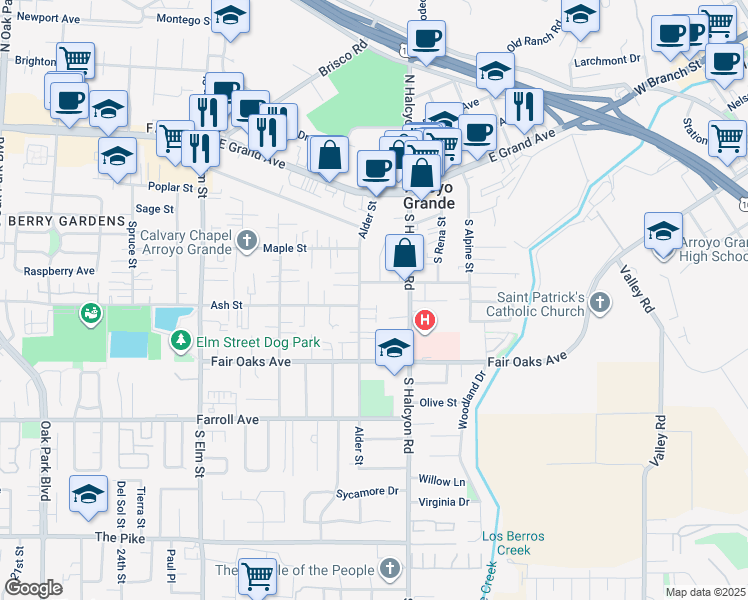 map of restaurants, bars, coffee shops, grocery stores, and more near 280 South Halcyon Road in Arroyo Grande