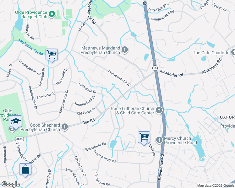 map of restaurants, bars, coffee shops, grocery stores, and more near 2716 Rea Road in Charlotte