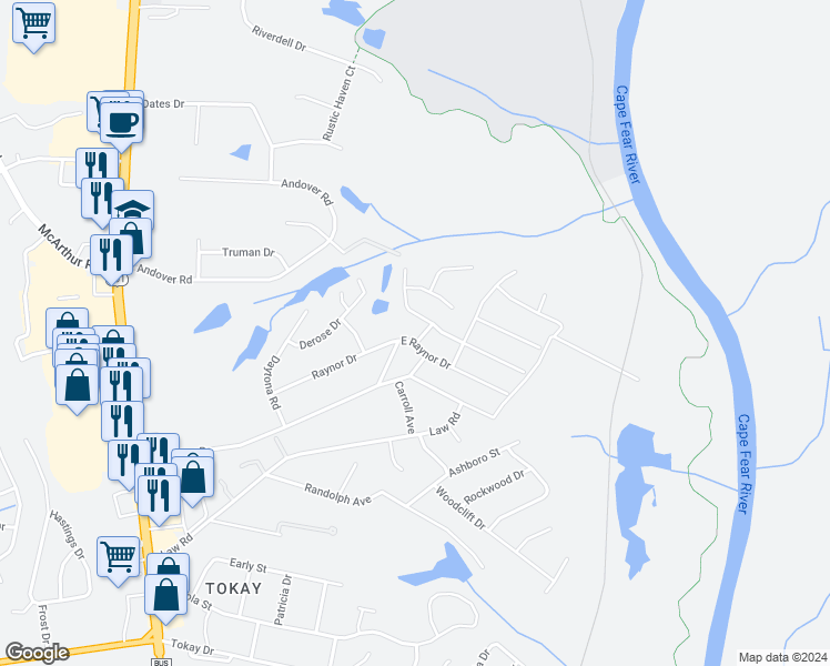 map of restaurants, bars, coffee shops, grocery stores, and more near 601 East Raynor Drive in Fayetteville