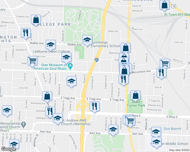 map of restaurants, bars, coffee shops, grocery stores, and more near 1184 Cummings Street in Memphis