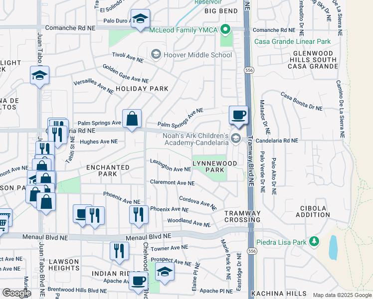 map of restaurants, bars, coffee shops, grocery stores, and more near 12218 Eric Court Northeast in Albuquerque