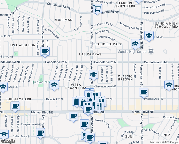 map of restaurants, bars, coffee shops, grocery stores, and more near 6805 Bonnie Court Northeast in Albuquerque