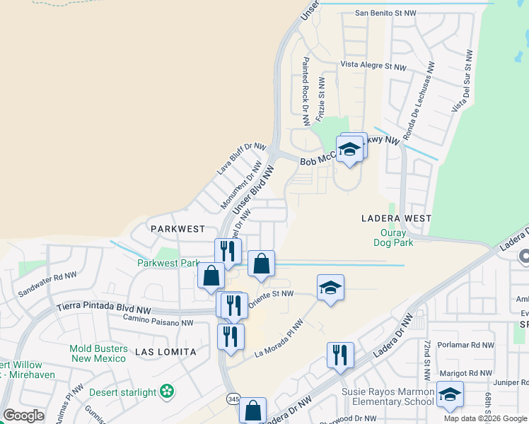 map of restaurants, bars, coffee shops, grocery stores, and more near 7924 Brady Road Northwest in Albuquerque