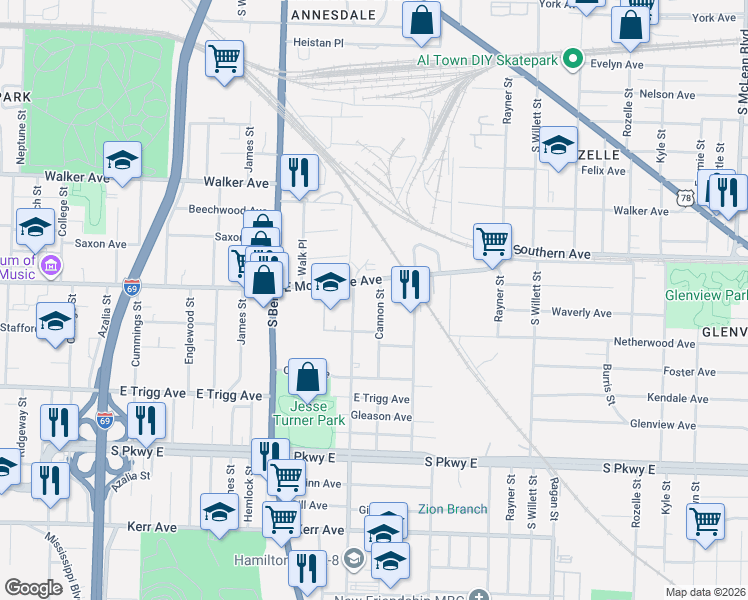 map of restaurants, bars, coffee shops, grocery stores, and more near 1156 Wilson Street in Memphis