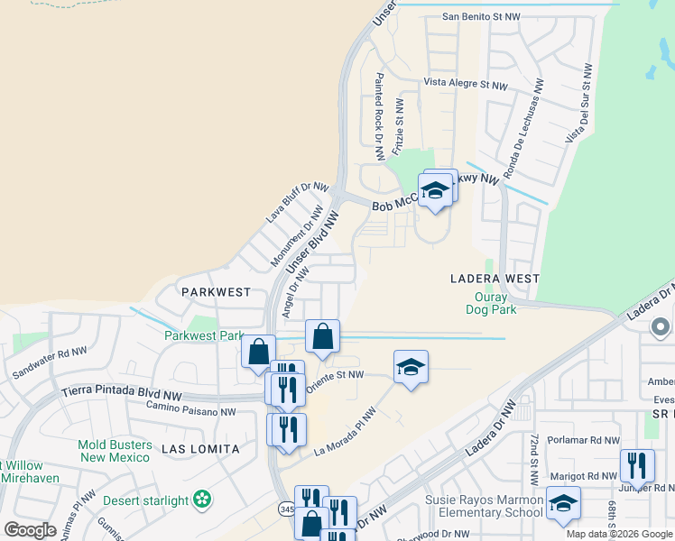 map of restaurants, bars, coffee shops, grocery stores, and more near 7924 Brady Road Northwest in Albuquerque