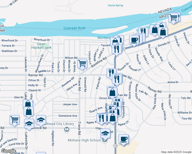 map of restaurants, bars, coffee shops, grocery stores, and more near 1320 Ramar Road in Bullhead City