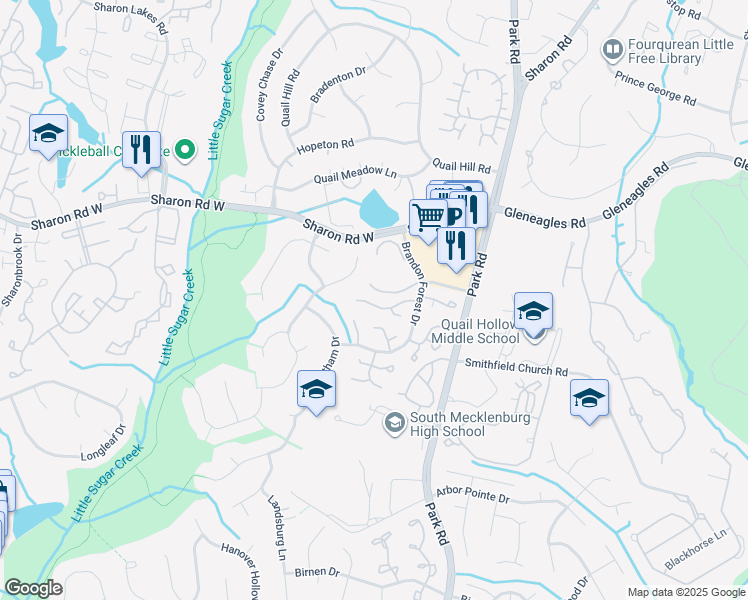 map of restaurants, bars, coffee shops, grocery stores, and more near 2429 Dryden Lane in Charlotte