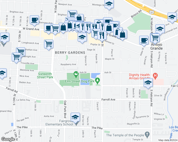 map of restaurants, bars, coffee shops, grocery stores, and more near 1280 Ash Street in Arroyo Grande