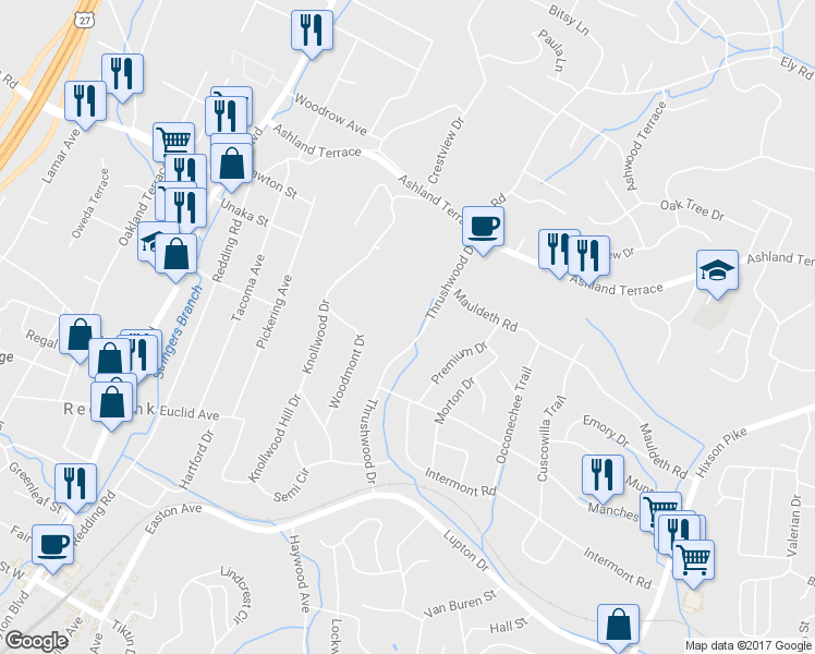 map of restaurants, bars, coffee shops, grocery stores, and more near 3735 Thrushwood Drive in Chattanooga