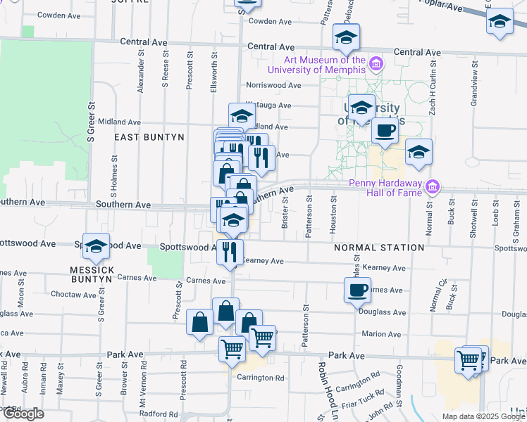 map of restaurants, bars, coffee shops, grocery stores, and more near 3535 Southern Avenue in Memphis