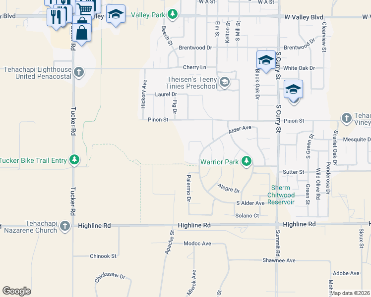 map of restaurants, bars, coffee shops, grocery stores, and more near 1301 Miranda Court in Tehachapi