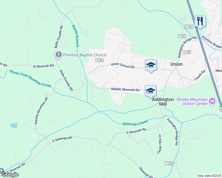 map of restaurants, bars, coffee shops, grocery stores, and more near Middle Skeenah Road in Franklin