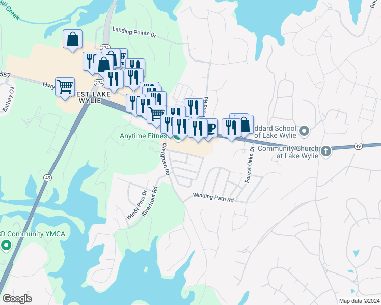 map of restaurants, bars, coffee shops, grocery stores, and more near 2138 Shady Pond Drive in Clover