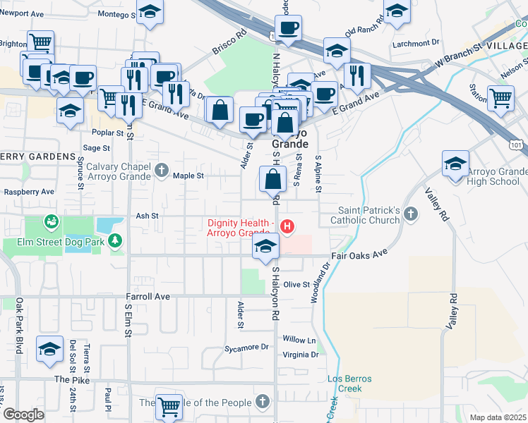 map of restaurants, bars, coffee shops, grocery stores, and more near 280 South Halcyon Road in Arroyo Grande