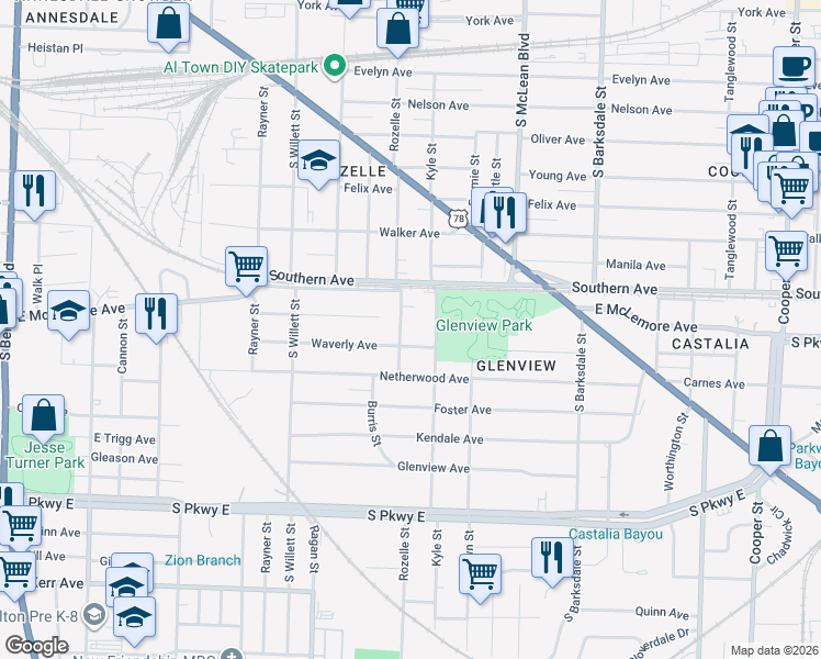 map of restaurants, bars, coffee shops, grocery stores, and more near 1144 Rozelle Street in Memphis
