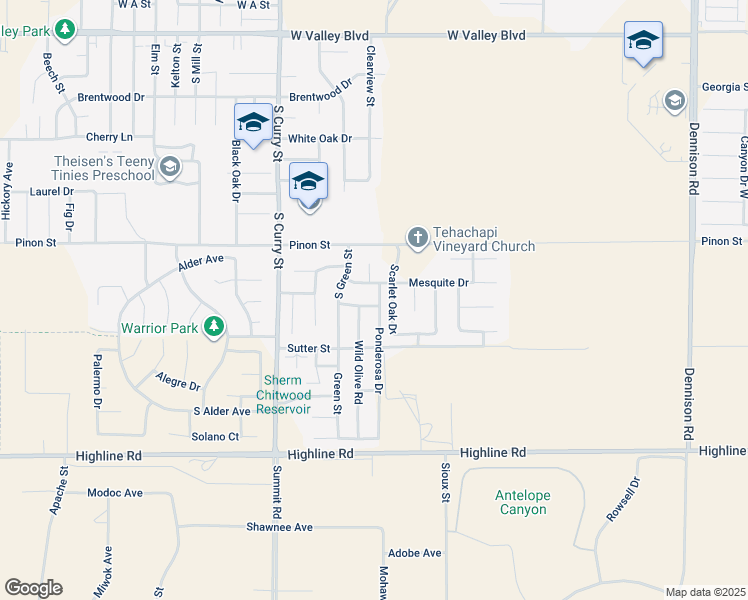 map of restaurants, bars, coffee shops, grocery stores, and more near 113 Oak Place in Tehachapi