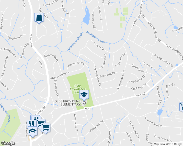 map of restaurants, bars, coffee shops, grocery stores, and more near 6741 Windyrush Road in Charlotte