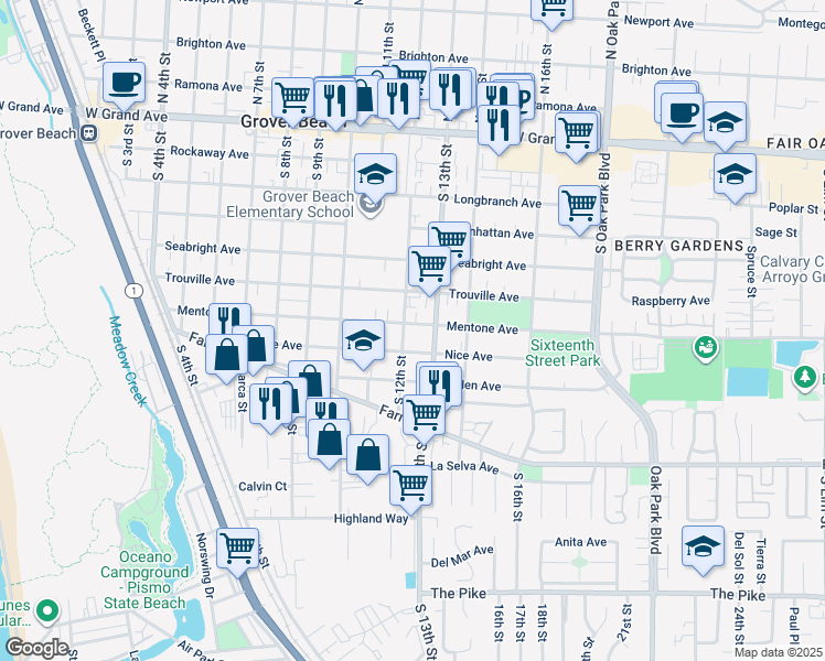 map of restaurants, bars, coffee shops, grocery stores, and more near 1232 Mentone Avenue in Grover Beach