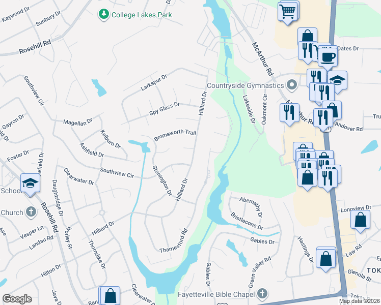 map of restaurants, bars, coffee shops, grocery stores, and more near 385-387 Hilliard Drive in Fayetteville