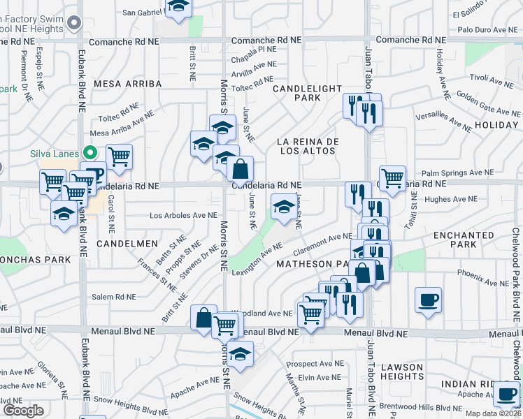 map of restaurants, bars, coffee shops, grocery stores, and more near 2804 June Street Northeast in Albuquerque