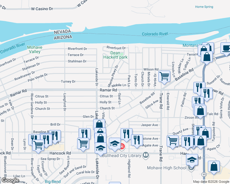 map of restaurants, bars, coffee shops, grocery stores, and more near 1086 Ramar Road in Bullhead City