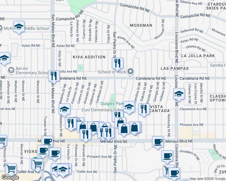 map of restaurants, bars, coffee shops, grocery stores, and more near 2913 San Pedro Drive Northeast in Albuquerque