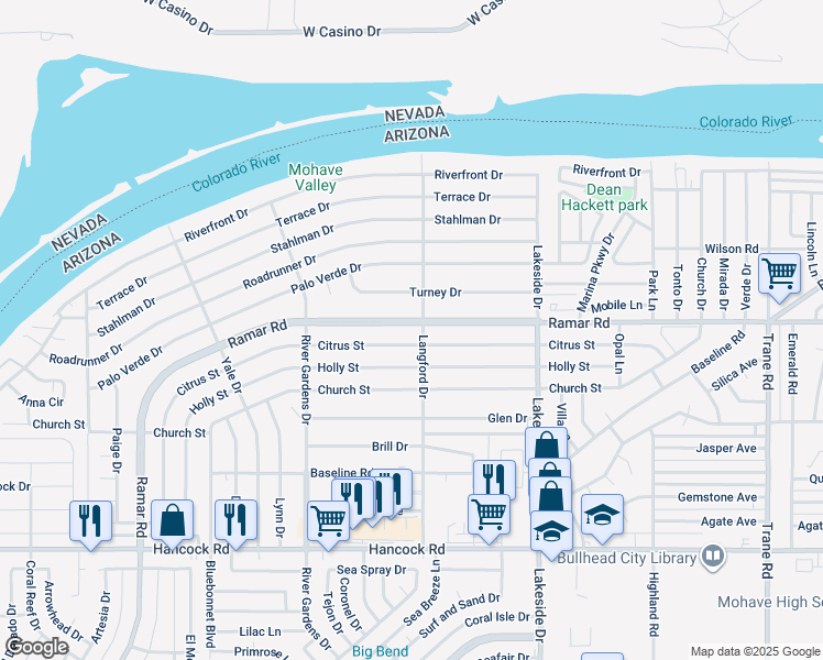 map of restaurants, bars, coffee shops, grocery stores, and more near 864 Ramar Road in Bullhead City