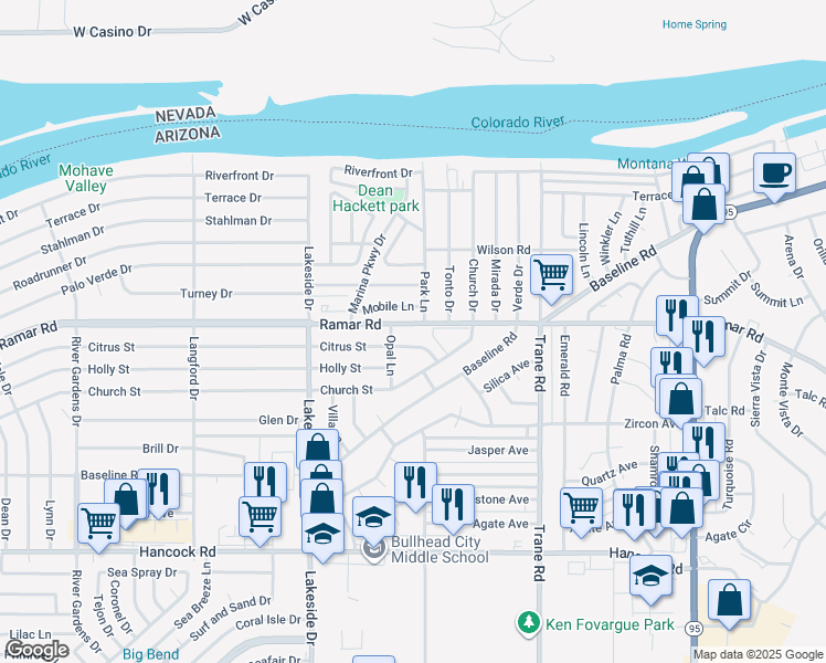 map of restaurants, bars, coffee shops, grocery stores, and more near 1112 Ramar Road in Bullhead City