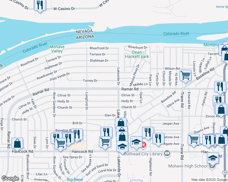 map of restaurants, bars, coffee shops, grocery stores, and more near 986 Ramar Road in Bullhead City