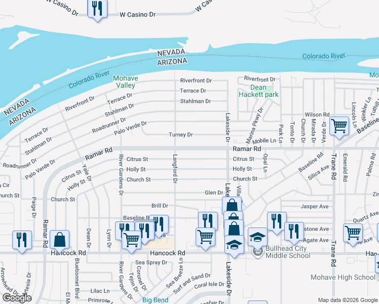 map of restaurants, bars, coffee shops, grocery stores, and more near 902 Ramar Road in Bullhead City