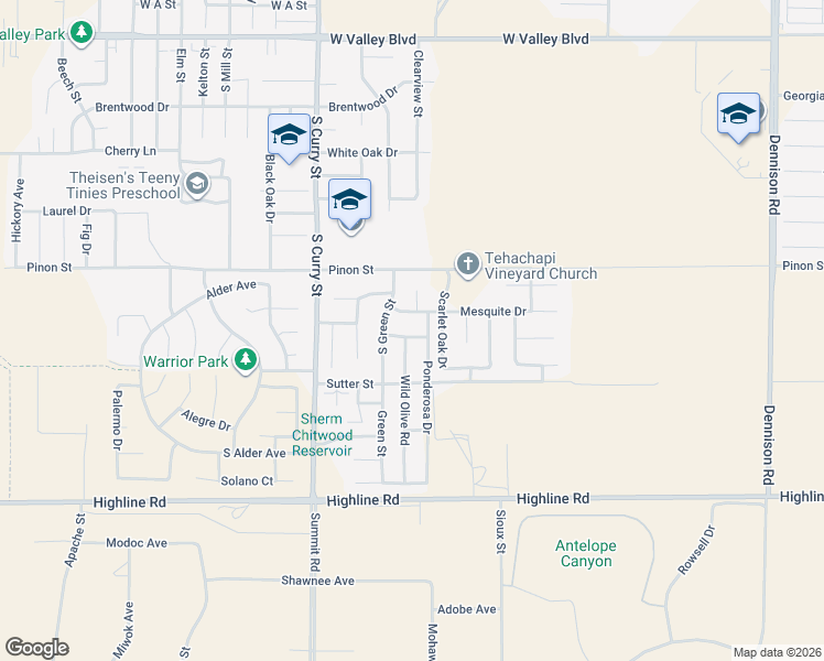 map of restaurants, bars, coffee shops, grocery stores, and more near 113 Oak Place in Tehachapi