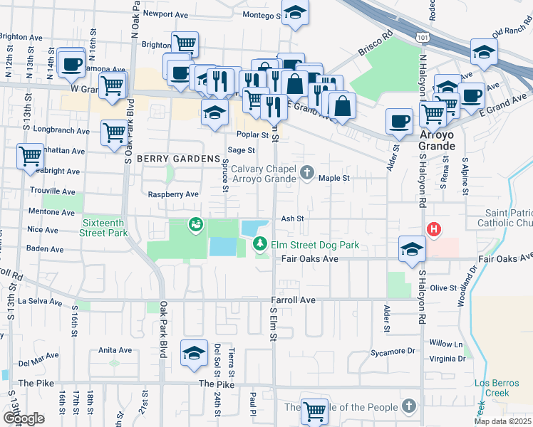 map of restaurants, bars, coffee shops, grocery stores, and more near 1220 Ash Street in Arroyo Grande