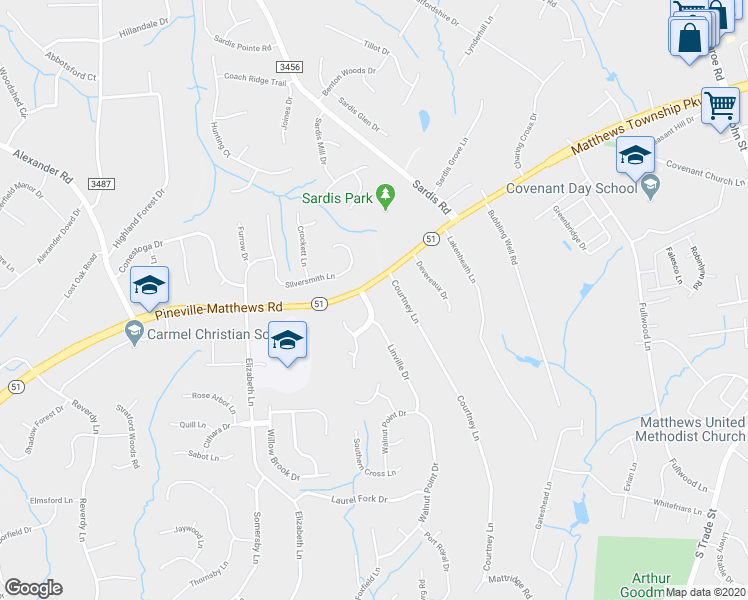 map of restaurants, bars, coffee shops, grocery stores, and more near 107 Sardis Plantation Drive in Matthews