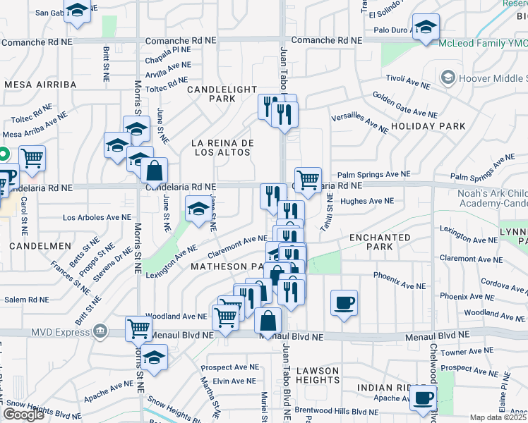 map of restaurants, bars, coffee shops, grocery stores, and more near 2901 Muriel Street Northeast in Albuquerque