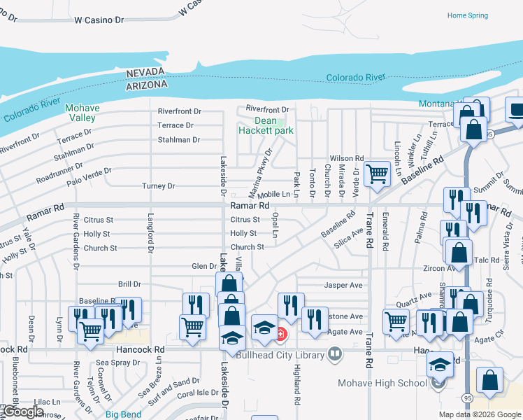 map of restaurants, bars, coffee shops, grocery stores, and more near 1086 Ramar Road in Bullhead City